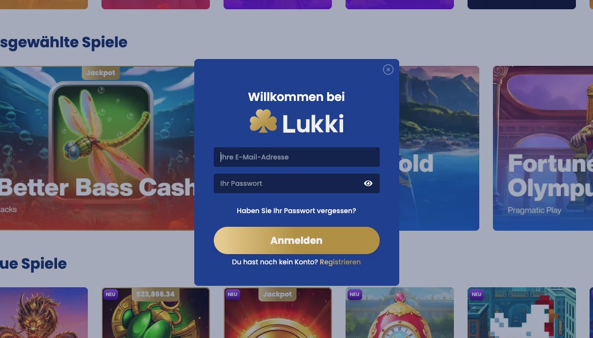 Lukki Bonus account login screen